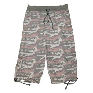 Mossimo Cargo Pant Womens 18W Green Pink Camo Capri Cropped Baggy Drawstring Y2K